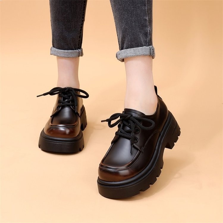 Giày da thường ngày buộc dây Miệng sâu mẫu mới mùa thu, giày một lớp đế dày 5cm mềm mại thoải mái đi ngoài hàng ngày màu trơn đơn giản thời trang PU