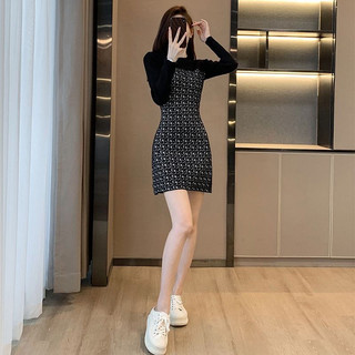 Mùa Xuân Thu Phong Cách Mới Pháp Cao Cấp Nhỏ Đầm Đen Nữ Niche Thiết Kế Giả Hai Mảnh Dệt Kim Váy