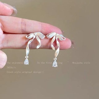 Bowknot Ruy Băng Zircon Bông Tai Nữ Tính Khí S925 Bông Tai Kim Bạc