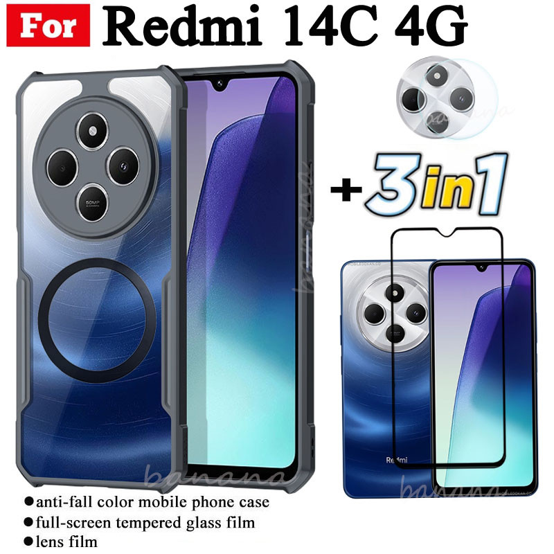 Ốp điện thoại chống sốc 3 trong 1 Redmi 14C có nhãn dán sạc không dây từ tính cho Redmi 13C C65 C75 Kính cường lực chống gián điệp Bảo vệ màn hình và màng ống kính