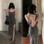 Đầm body hai dây hở lưng, chất liệu vải gân tăm Nữ Women Kem Dress Voi ❧ ✪m☆ ♡ đỏ sang vàng Đen