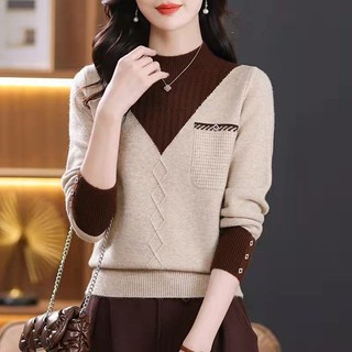 Lông Cừu Lót Dày Nửa Cổ Cao Cổ Áo Len Nữ Thu Đông Phong Cách Mới Rời Phong Cách Phương Tây Dệt Kim Đáy Áo Sơ Mi Top