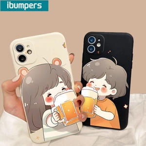 ibumpers Ốp Lưng IPhone Ngộ nghĩnh Cặp Đôi Dễ Thương Uống Bia Họa Tiết Cho IPhone 16 15 14 12 13 11 Pro Max IP 7 8 Plus X XS XR Ốp Điện Thoại Silicon Mềm Chống Sốc