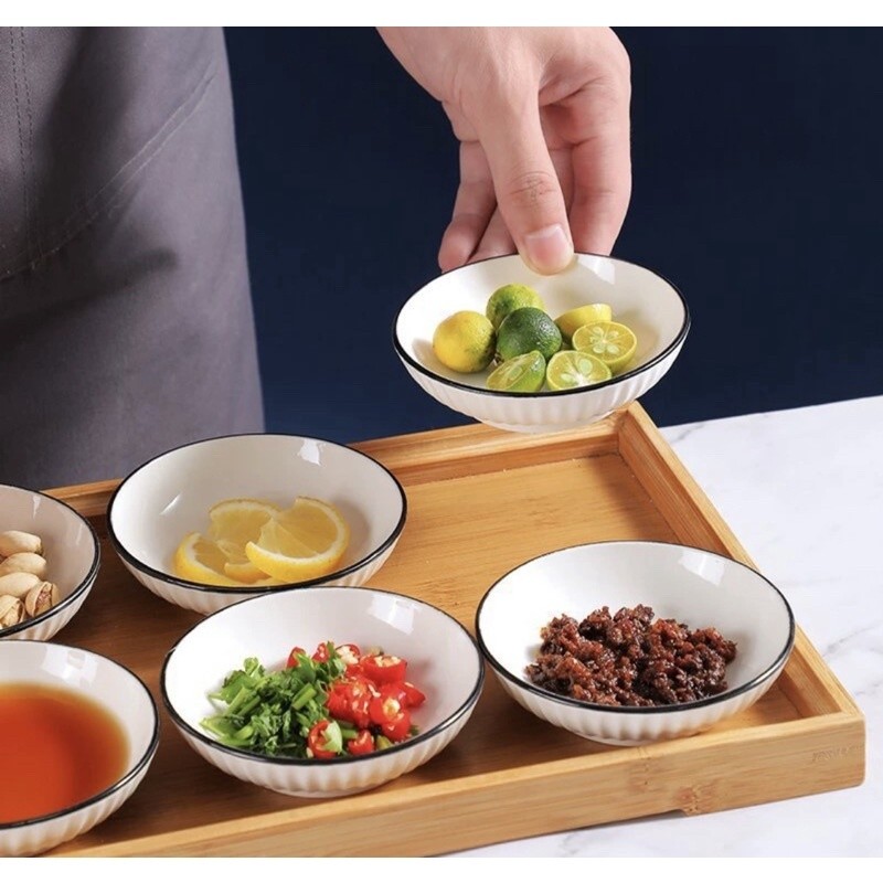 Đĩa vuông ngăn chấm sứ trắng viền đen và nhiều mẫu chọn, Khay đựng đồ ăn có ngăn chấm