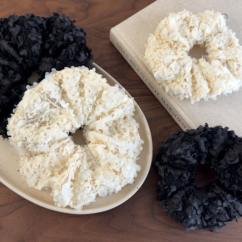 Hàn Quốc Phong Cách Mới Cánh Hoa Đen Trắng Ba Chiều Gạc Scrunchy Dây Buộc Tóc