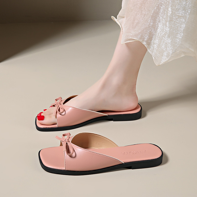 Atikota Thời Trang Nữ Sandal Đầu Vuông Nơ Mở Mũi Đi Biển Đa Năng Xăng đan Flat