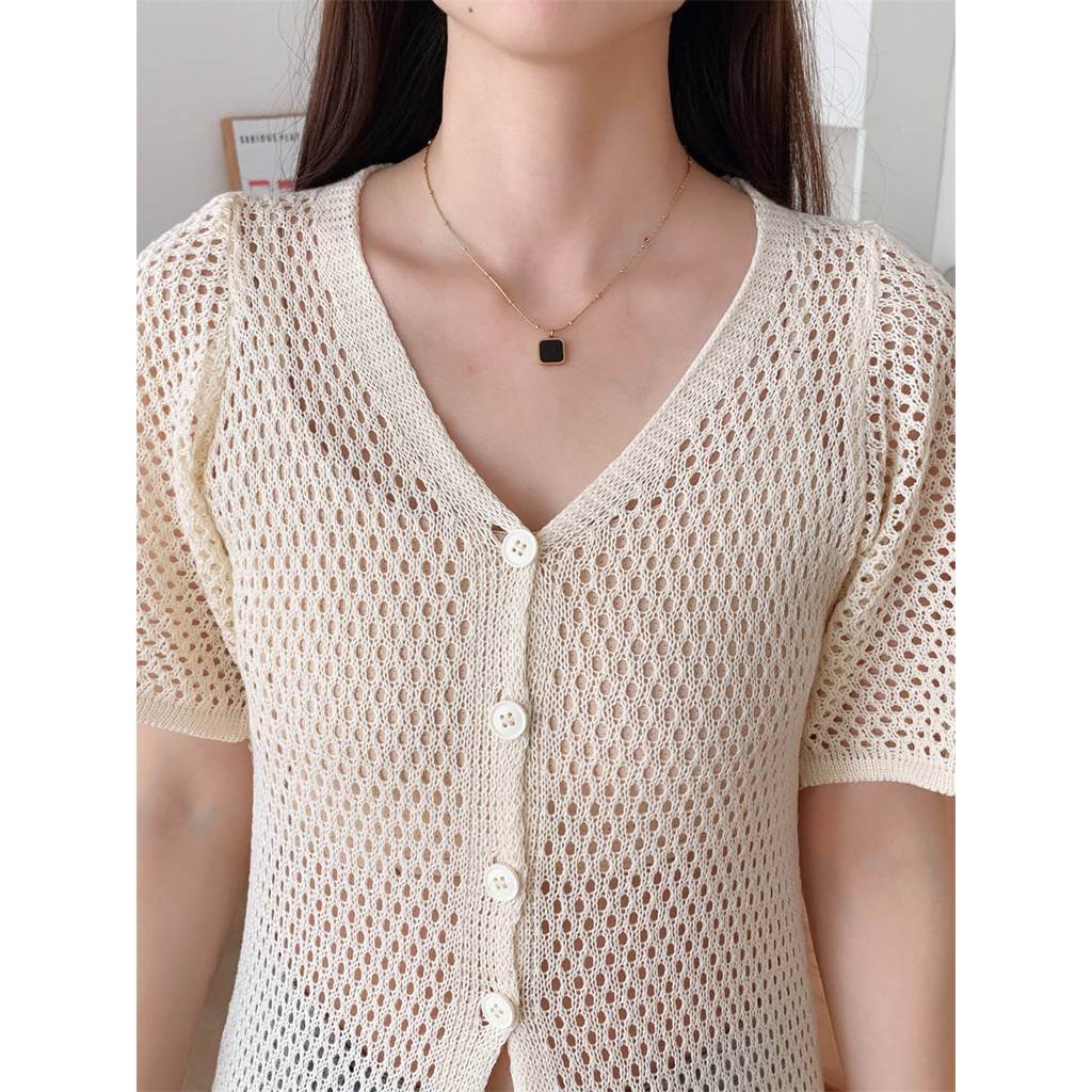 SUXI Áo len dệt kim dài tay ngắn rỗng dài tay mùa hè mới dành cho nữ 250411