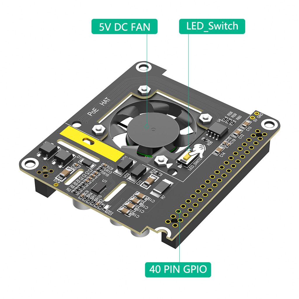 Jmt Cho Raspberry Pi 5 PoE HAT Vỏ Nhôm Mô Đun Máy Tính 5 Nguồn Qua Ethernet HAT 5V 5A 25W Đầu Ra Có Quạt Làm Mát