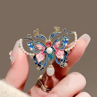 MAUROPOLI [Sẵn sàng] Phong cách cổ xưa Cloisonne Tính khí Vẽ hình con bướm bên kẹp Retro Thanh lịch Sườn xám Hanfu Nữ Men Kẹp tóc Phụ kiện Ngọc trai