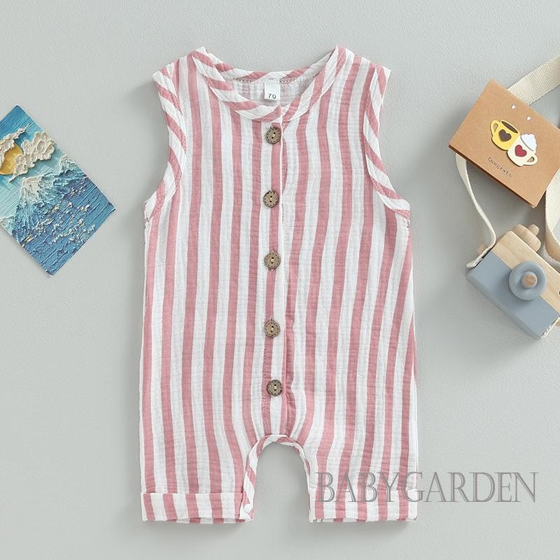 / / -Baby Bé Trai Bé Gái Áo Liền Quần Vải Lanh Cotton Nhẹ Thoáng Khí Không Tay Sọc Nút Ngắn Áo Liền Quần Trang Phục Mùa Hè Thu