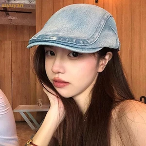 Siyuyan Retro Bông Tai Kẹp Phong Cách Rửa Denim Phía Trước Mũ Dành Cho Nam Nữ Xuân Hè Thường Ngày Đa Năng Thể Hiện Mặt Mũ Nồi Văn Học Nhỏ VN