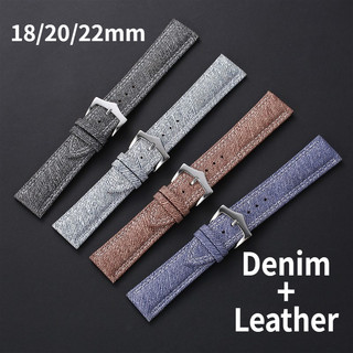 Dây đeo đồng hồ bằng da Nylon Denim 18mm 20mm 22mm Dây đeo đồng hồ vải đơn giản Dệt chính hãng Đồng hồ da bò Vòng tay nam nữ sọc xanh đen