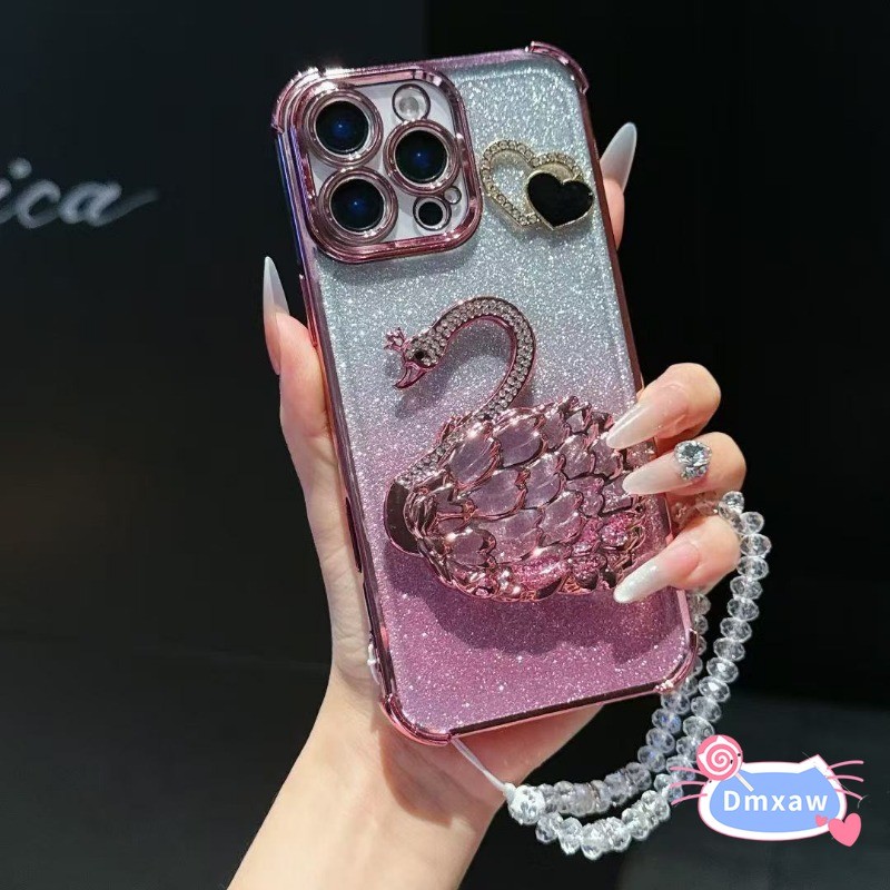 Ốp Điện Thoại Đứng Bling Swan Cho Motorola Edge 60 50 Fusion 50 Neo Pro Moto S50 G86 G72 G60S G40 Fusion G56 G05 E15 5G Vỏ Mạ Tình Yêu Màu Đen Thời Trang Có Dây Đeo Pha Lê