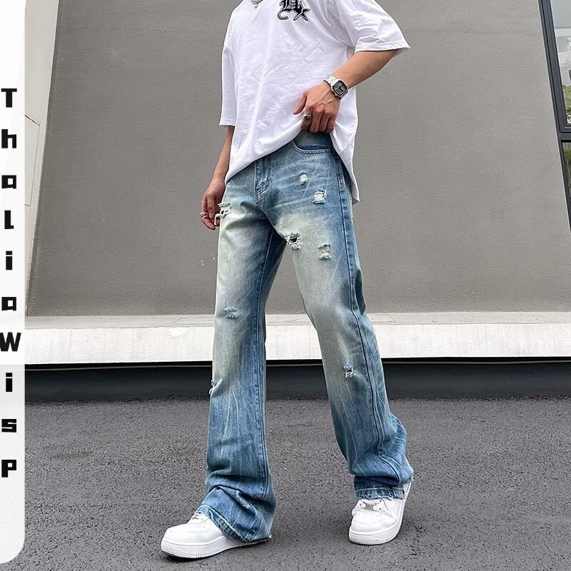 ThaliaWisp American Retro Quần jean rách thẳng hơi loe dành cho nam