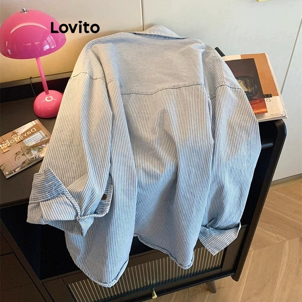 Ảnh Lovito Áo Sơ Mi Sọc Xanh Trắng Cúc Nhiều Màu Cho Nữ LNL70230 2
