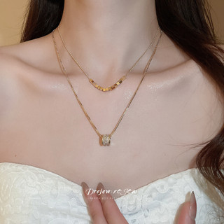 DREJEW 18k thật mạ vàng zircon hai lớp mặt dây chuyền vòng cổ mới đa năng xương đòn chuỗi ánh sáng sang trọng trang trí vòng cổ cao cấp