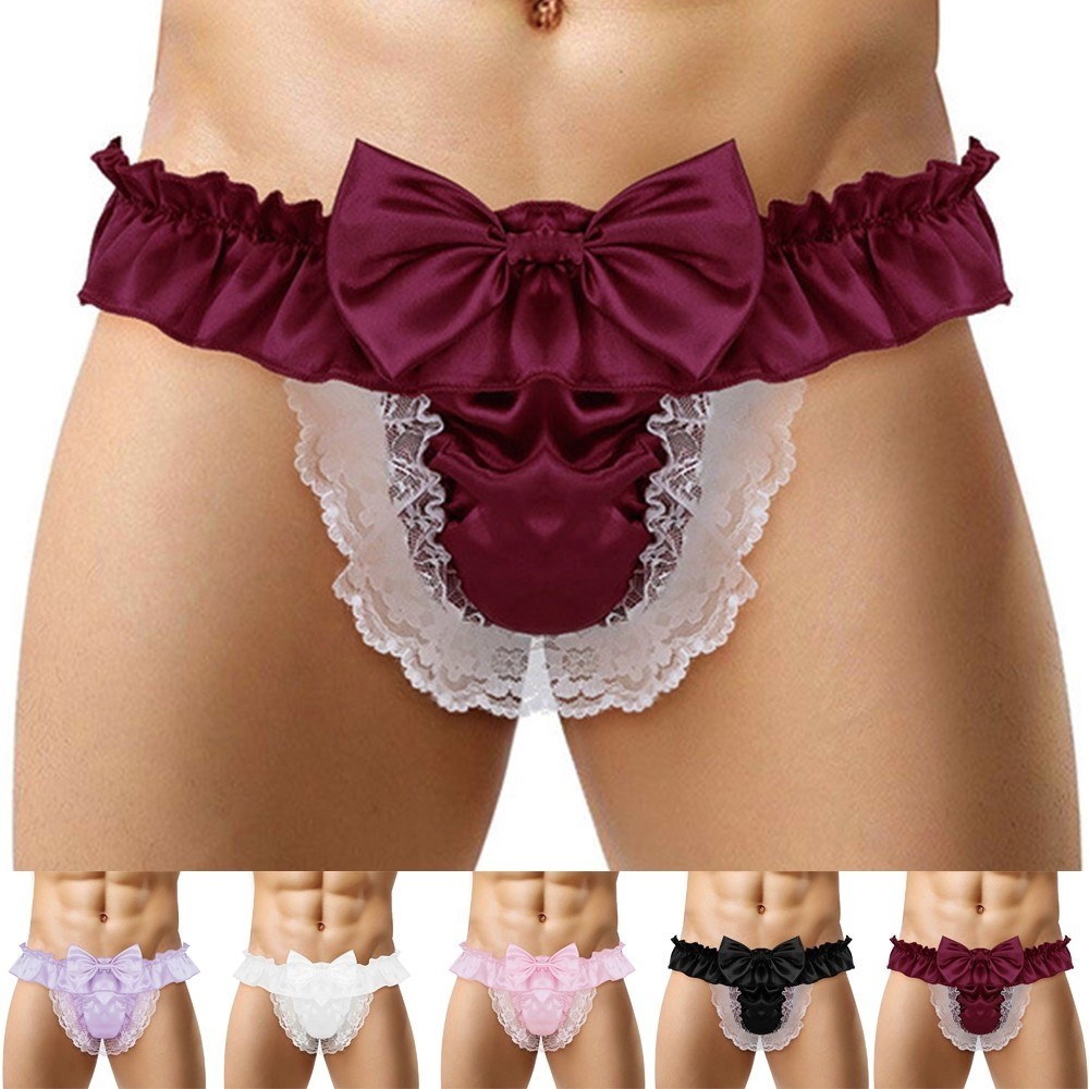 {WELV}Men's Sexy Satin Lace See Through Panties G String Thong Briefs Lingerie