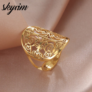 SKYRIM Titan Thép Không Gỉ Vàng Nhẫn Rỗng Balote Hoa Lớn Mở Điều Chỉnh Đồ Trang Sức