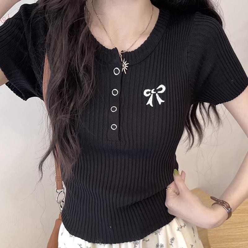 Áo Thun Nữ Tay Ngắn Cổ Cúc Bấm PINKSTORE29 Thêu Nơ Dễ Thương A51217