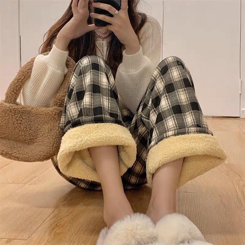 Quần kẻ sọc lót nhung màu đỏ quần ống rộng ống đứng đơn giản kéo dài cạp cao mùa thu đông