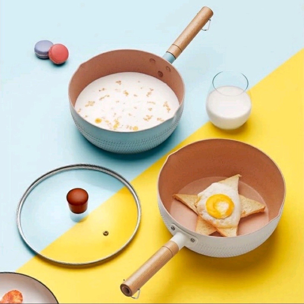 Chảo đá đáy từ chống dính sâu lòng đa năng tay cầm gỗ dài Pastel - Chảo chống dính lúa mạch bếp từ 18cm xinh xắn