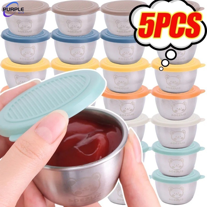 Cốc nước sốt nhỏ bằng thép không gỉ có nắp kín Bộ đồ ăn nhà bếp Sushi mù tạt Hộp gia vị nhúng Đĩa nước sốt