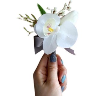 Bó hoa cưới cầm tay cô dâu từ hoa nhân tạo Lan cao su và tulip trắng tinh CLR 001