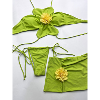 Đồ bơi nữ Màu xanh lá cây Hoa lớn Haler Ba mảnh Bikini Đồ bơi