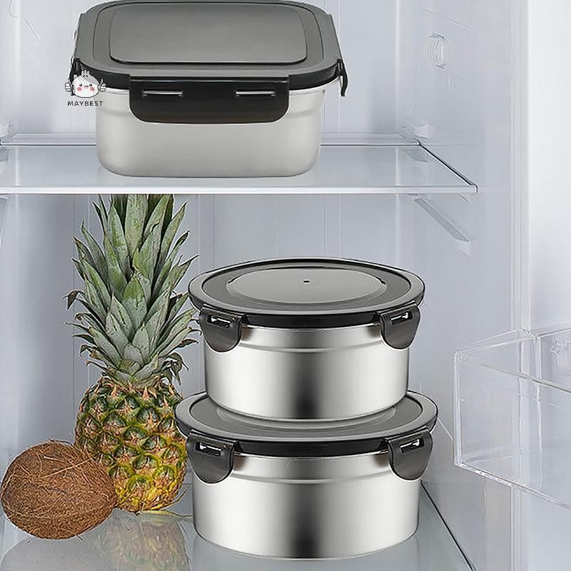 Maybest Hộp đựng thực phẩm bằng thép không gỉ Hộp giữ tươi Nắp kín giòn Bữa ăn trưa Chuẩn bị Bảo quản Tủ lạnh Bộ bếp Bát vuông tròn {VN}