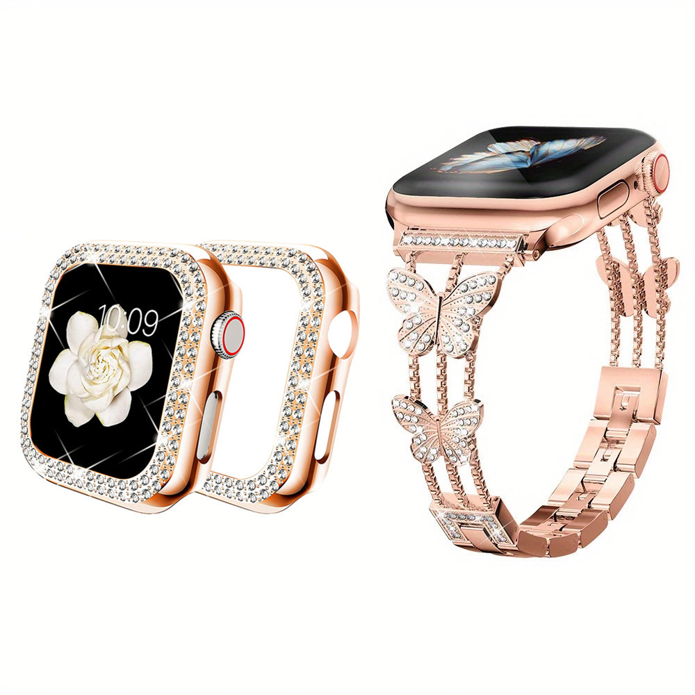 Bling Bướm Kim Cương Ban Nhạc + Ốp Lưng Cho Apple Watch Dây 40mm 41mm 44mm 45mm Nữ Thép Không Gỉ Vòng Tay Kim Loại iWatch Series 9 8 7 6 5 4 SE