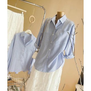 Set áo sơ mi sọc xanh tay dài phối chân váy ren hoa dáng dài xoè trong suốt hottrend freesize dưới 56kg _SEP House