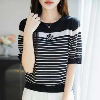 Camellia Màu Sắc Tương Phản Ngắn Tay Dệt Kim Nữ Xuân Hè Lyocell Cổ Tròn Sọc Áo Thun Top Light Loose Đơn Giản