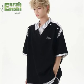 Áo Sơ Mi Sọc Chắp Vá Giả Hai Mảnh Tay Ngắn Áo Unisex Mùa Hè Đại Học Phong Cách Rời Áo Sơ Mi Polo Thường Ngày