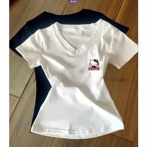 Áo thun ngắn tay Hello Kitty cổ chữ V dành cho nữ mùa hè Dopamine Wear Design Sense Niche Hundred Tops Tide [BL]