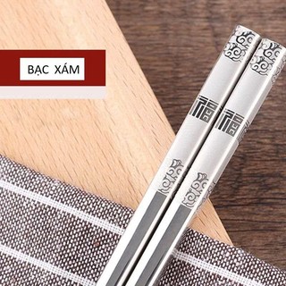 Set 10 đôi đũa BẠC  xám khắc chữa phúc  inox  sus 304   loại xịn - dua an com