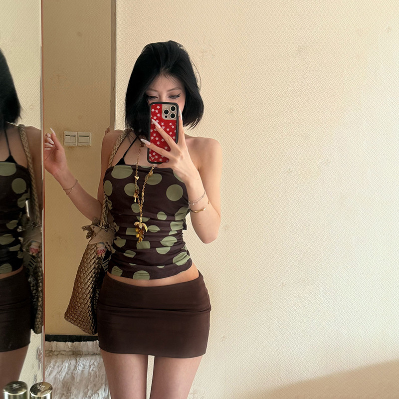 Klalien Casual 2 Bộ Không Tay Lưng Không Dây Dây In Điểm Vest + Màu Trơn Quấn Hông Skinny Váy Mùa Hè Hot Chick Gợi Cảm Phụ Nữ Mới