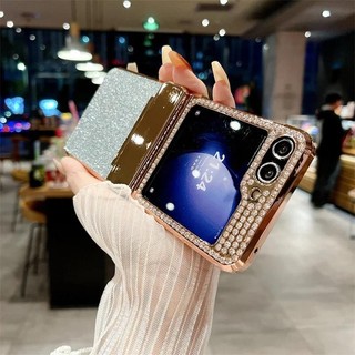 Kim Cương Giả Lấp Lánh Bling Pu Da Viền Ốp lưng Samsung Galaxy Z Flip 6 5 4 3 5G Bản Lề Mạ Mặt Sau Nhựa