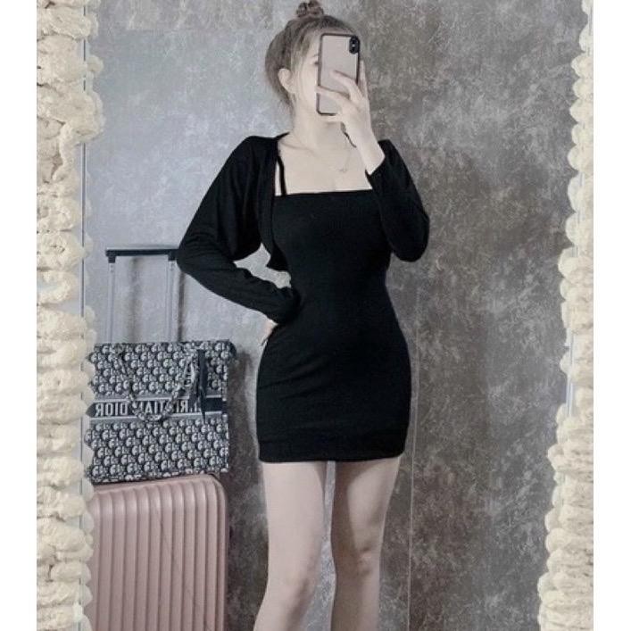 Sét bộ nữ đầm 2 dây phối áo khoác ngoài chất vải thun gân len Voi Women Đen