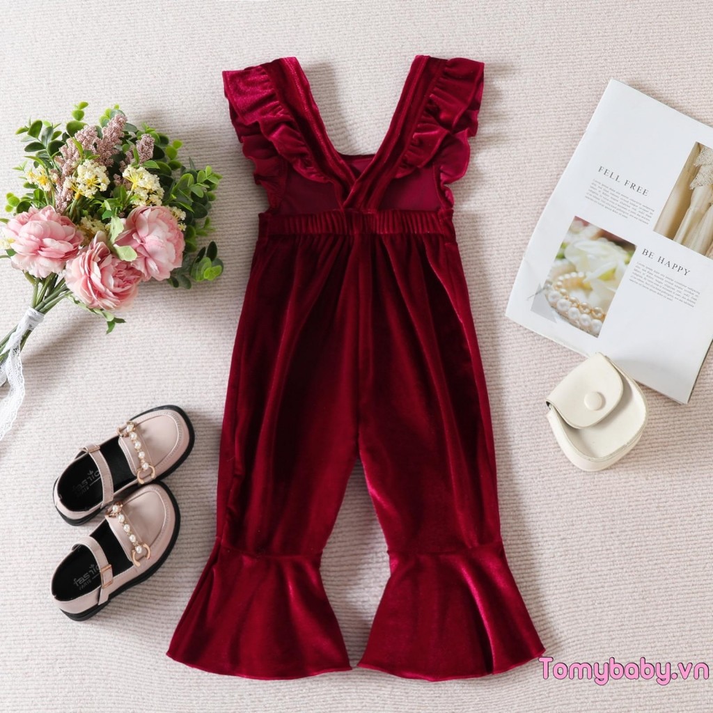 Trẻ Em Bé Gái Thu Đông Áo liền quần Ruffle Tay Nhung Một Mảnh Suspender Quần loe