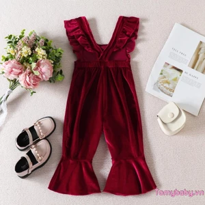 Trẻ Em Bé Gái Thu Đông Áo liền quần Ruffle Tay Nhung Một Mảnh Suspender Quần loe