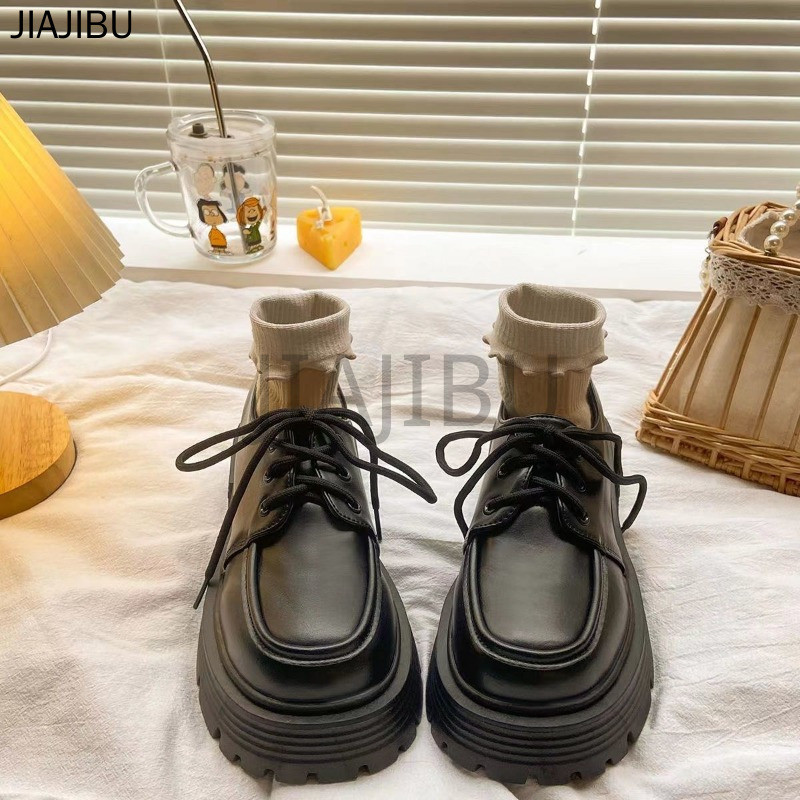 Size 34-42 Giày Nữ Size Lớn Chất Lượng Cao Giày Da Nhỏ Mũi Tròn Chống Trượt Phong Cách Anh Có Gót Dày Giày Buộc Dây Oxford Giày Đi Học Màu Đen Korean Fashion Platform Mary Jane Shoes Japanese JK Uniform Lolita Doll Shoes Giày Công Chúa Cosplay Giày Nhảy