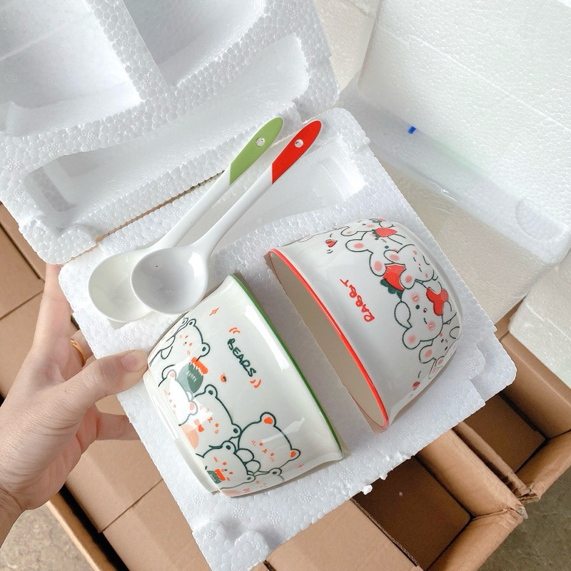 Set 2 Bát Ăn Cơm Bằng Sứ Hình Con Lợn Cute