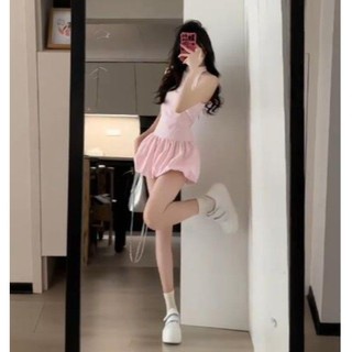 Đầm cổ yếm không tay màu hồng cho phụ nữ, mùa hè mới, đầm A-line phồng