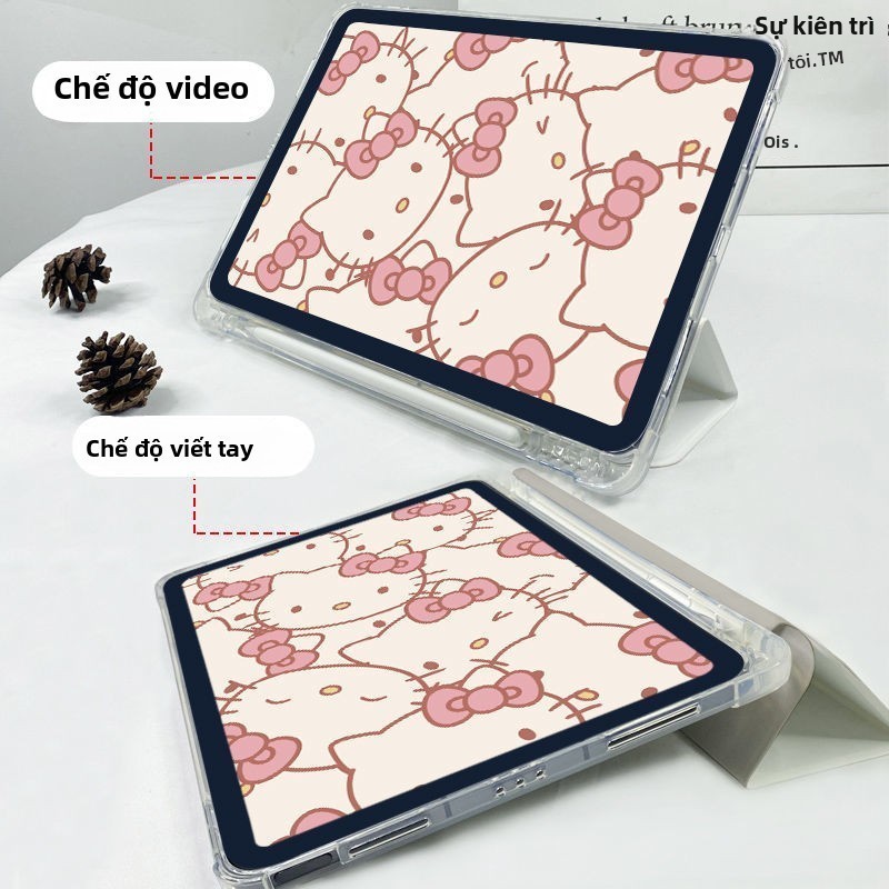Túi khí gấp ba lần cho vỏ máy tính bảng iPad 20 / 21Pro11Air3 / 4 / 5 / 6 10.9 10.5gen10 2022Mini4 / 5 / 6 7.9 8.3 Air1 / 2 9.7gen7 / 8 / 9 10.2inch Phim hoạt hình Hello Kitty có khe cắm bút Vỏ bảo vệ