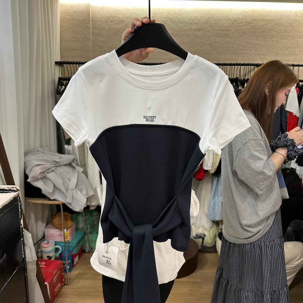 Milyfashion Giả Hai Mảnh Slim-Fit Phối Màu Phối Ren Ngắn Tay T