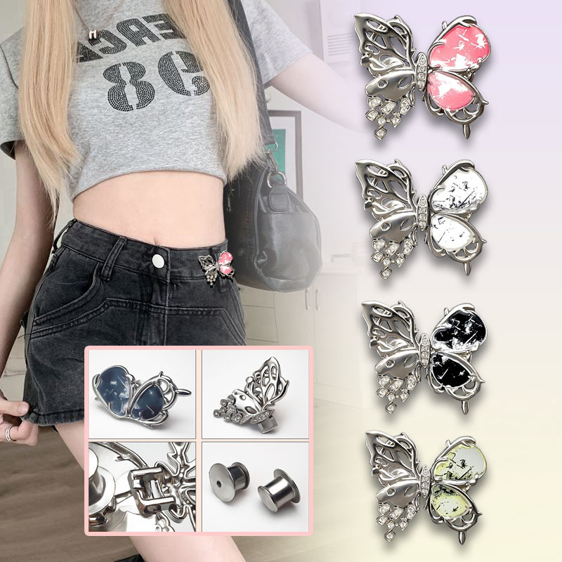 [YUNYUAN] Quần bướm mới chu vi eo là quần jean nút lớn và nhỏ không đường may nút điều chỉnh quần thắt lưng thắt chặt hiện vật khóa thắt lưng bướm