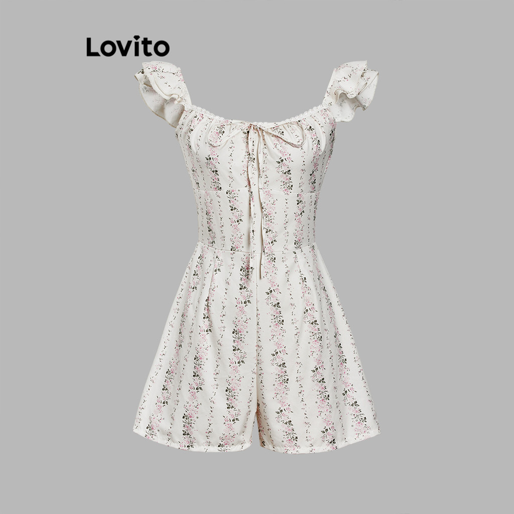 Ảnh Lovito Bộ đồ liền thân cổ bèo nhún họa tiết hoa giản dị dành cho nữ L112ED709 3