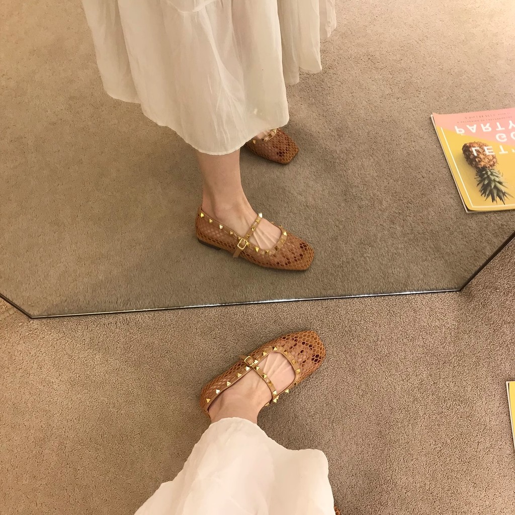 Atikota Rỗng Mary Jane Sandal Nữ Mũi Vuông Đế Bằng Thoáng Khí Nhẹ Giày Mùa Hè