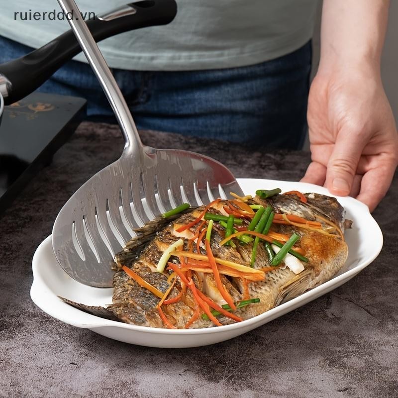 # ruierdd # Thìa chiên cá bằng thép không gỉ lớn Chảo trứng Muỗng chống dính Tay cầm dài Bít tết có rãnh Xẻng phẳng Dụng cụ nấu ăn nhà bếp.
