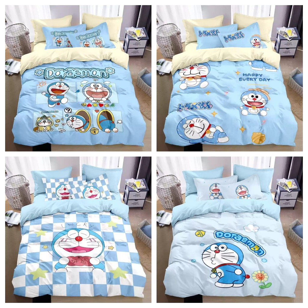 PS1 Doremon Dễ Thương 4IN1 Ga Trải Giường Chăn Gối Phòng Ngủ Bộ Chăn Ga Gối Bé Gái Có Thể Giặt Được Phù Hợp Với SP1